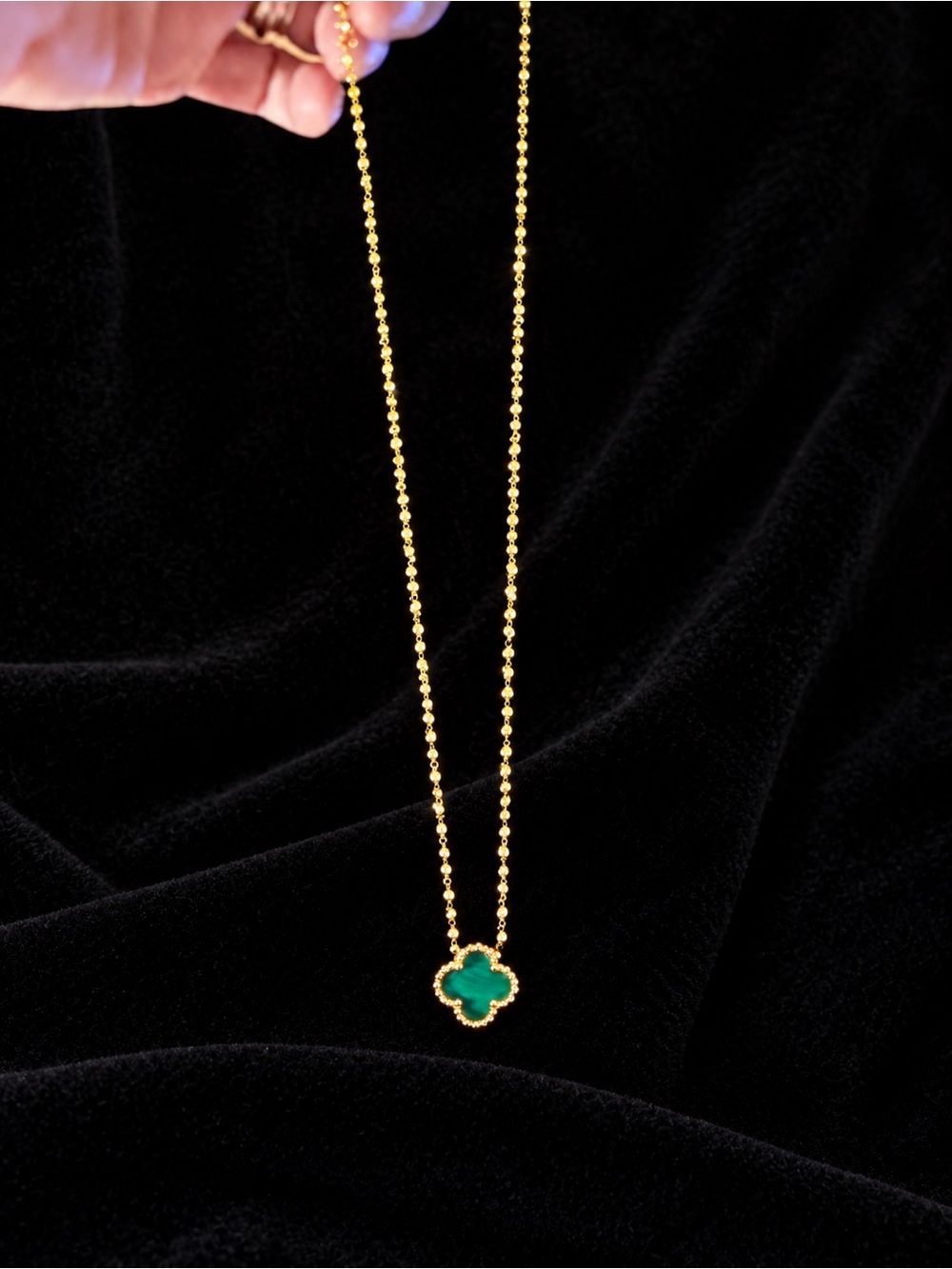 Gold Stainless Steel Chain Necklace with Green Clover Pendant